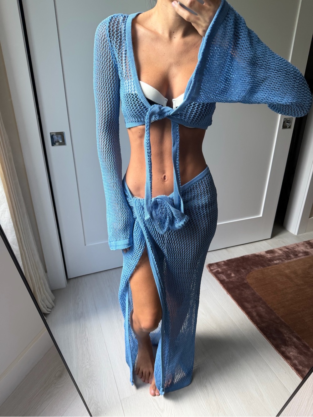 Light Blue Knit Beach Coverup Set - Two-Piece Tie Front Maxi - Picture 2 of 2